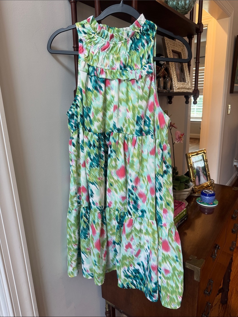 entro Green Pink Blue Floral Ruffle-Neck Sleeveless Dress